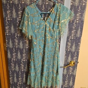Southern Fried Chicks Teal Dress with Silver Sequin Design